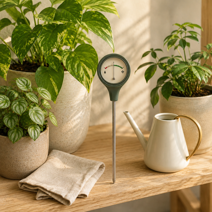 Analog Soil Moisture Meter — styled plant-room view