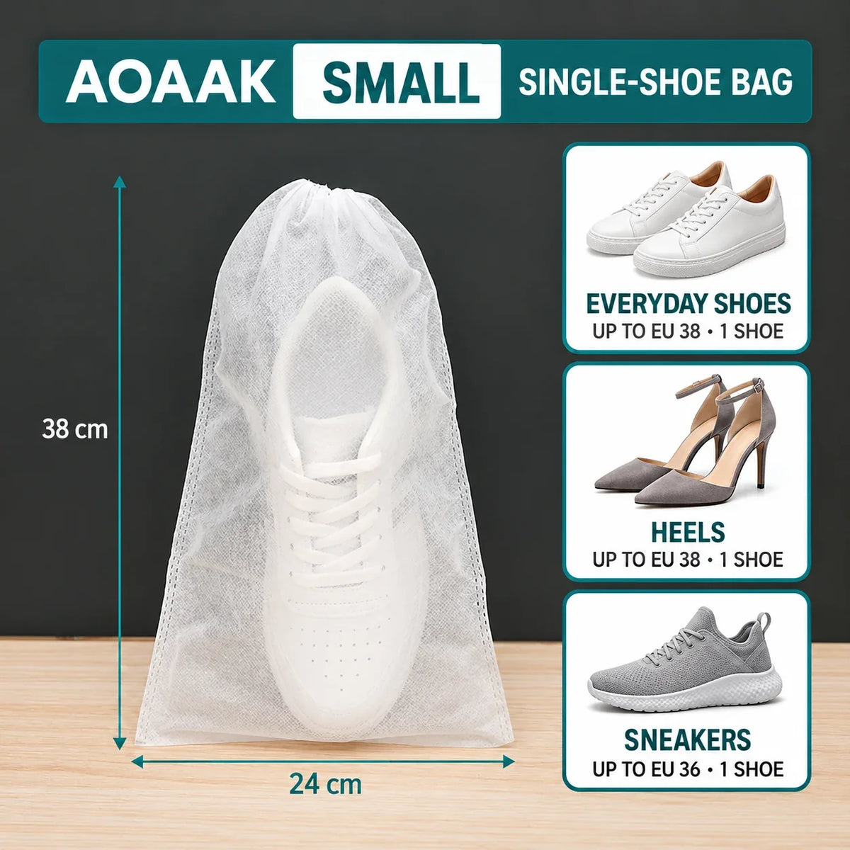 AOAAK small single-shoe bag size guide — 38 × 24 cm