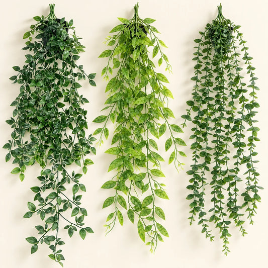 AOAAK Faux Hanging Plant Vines — 3 Styles — three available faux vine styles, no pots included