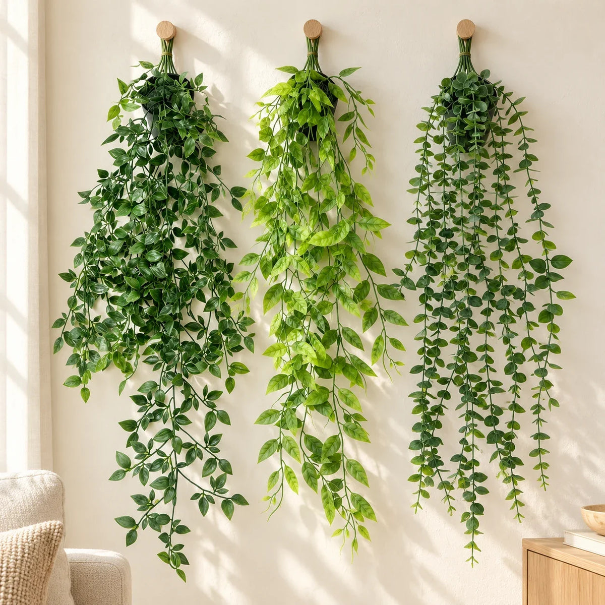 AOAAK Faux Hanging Plant Vines — 3 Styles — three faux vines styled without pots